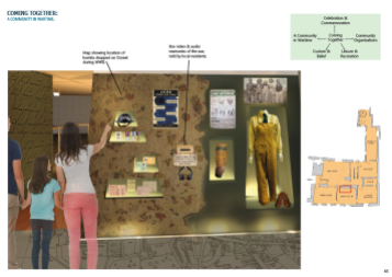 Design Report page: Visualisation for the Community in Wartime display within Priest's House Museum.