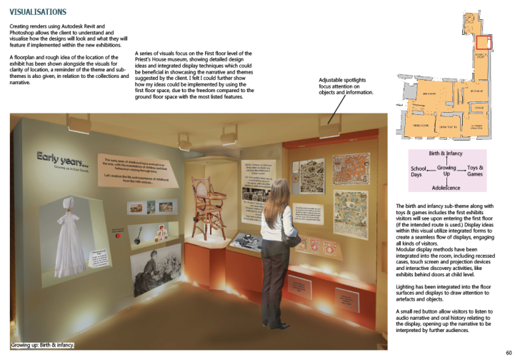 Design Report page: Visualisation for the Growing Up Gallery within Priest's House Museum.